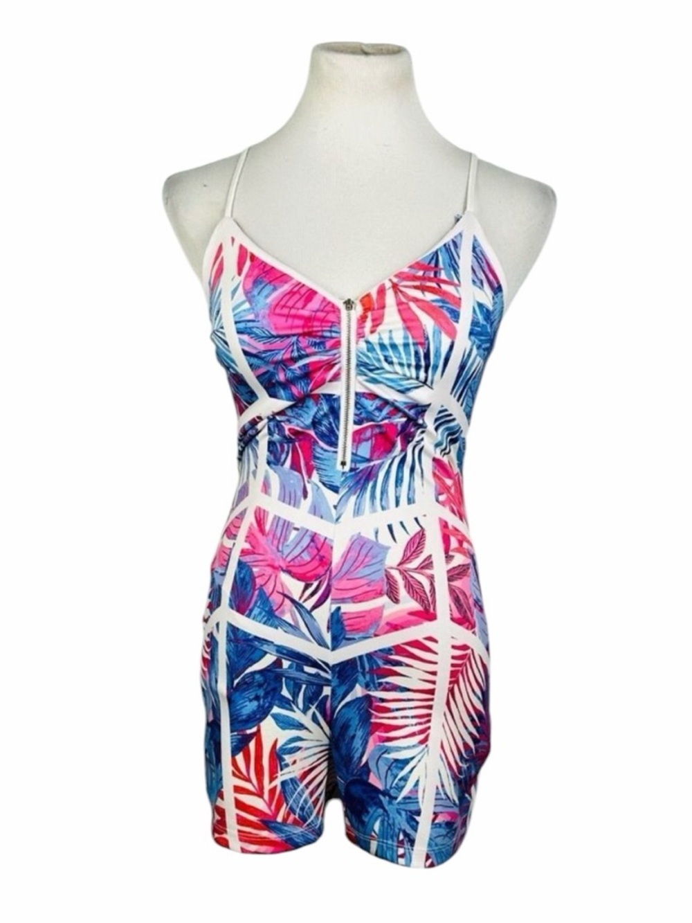 Her...Bottari Red, White & Blue Tropical Print Stretchy Romper - Size Medium